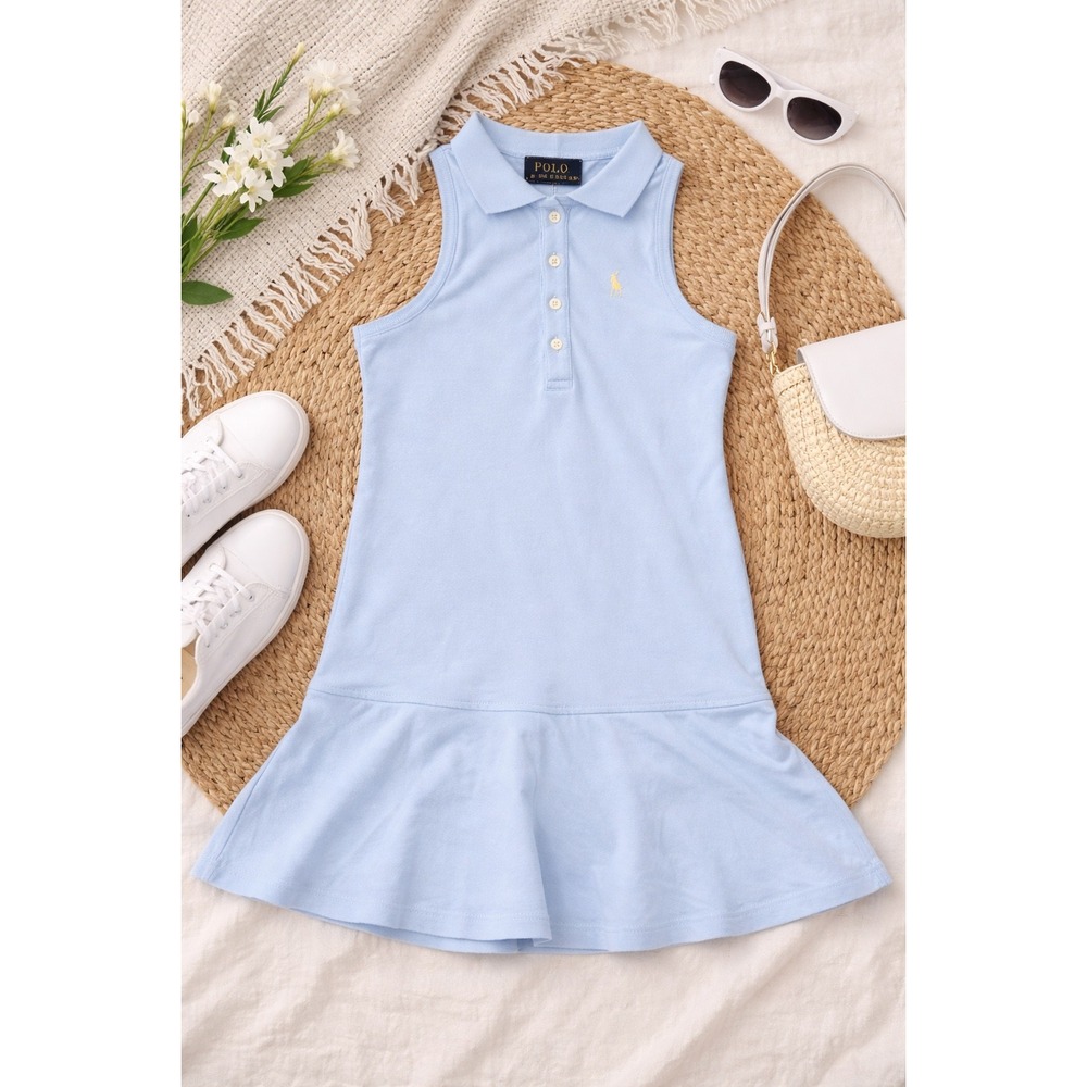 Polo Ralph Lauren Dress 5 Blue Sleeveless Pique Ruffle Hem Preppy Tennis‎ Sporty